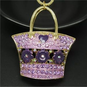 Purple Rhinestone Handbag Necklace